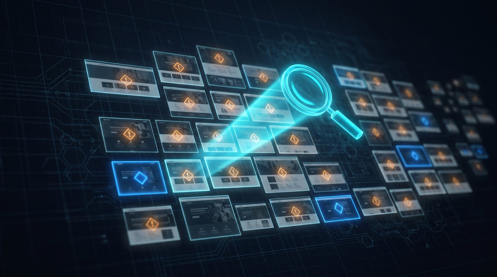 A grid of glowing website panels floating in dark space, many flagged with amber warning markers, a cyan magnifying glass scanning them for recurring problems