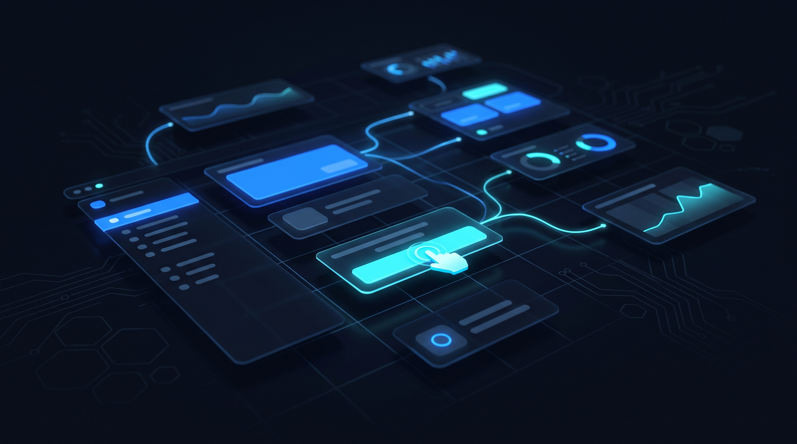 Abstract dark-navy isometric web-app interface of glowing blue and cyan modular panels and cards connected by luminous flow lines, with a hand cursor tapping a bright primary action button