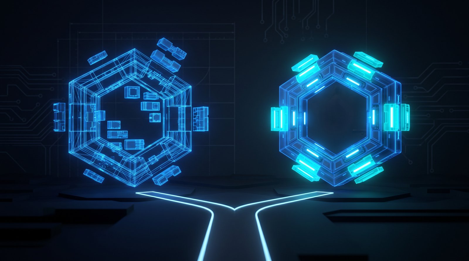 Two glowing hexagonal tech structures at a fork in the road — left a blue wireframe being built from scratch, right a finished structure being upgraded with cyan modules