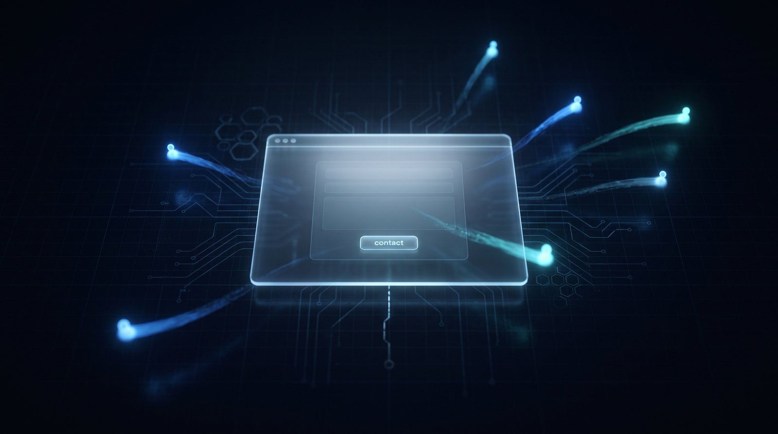 A glowing website panel with a contact button while abstract figure-of-light visitors drift away as fading cyan trails toward the edges, symbolising lost enquiries