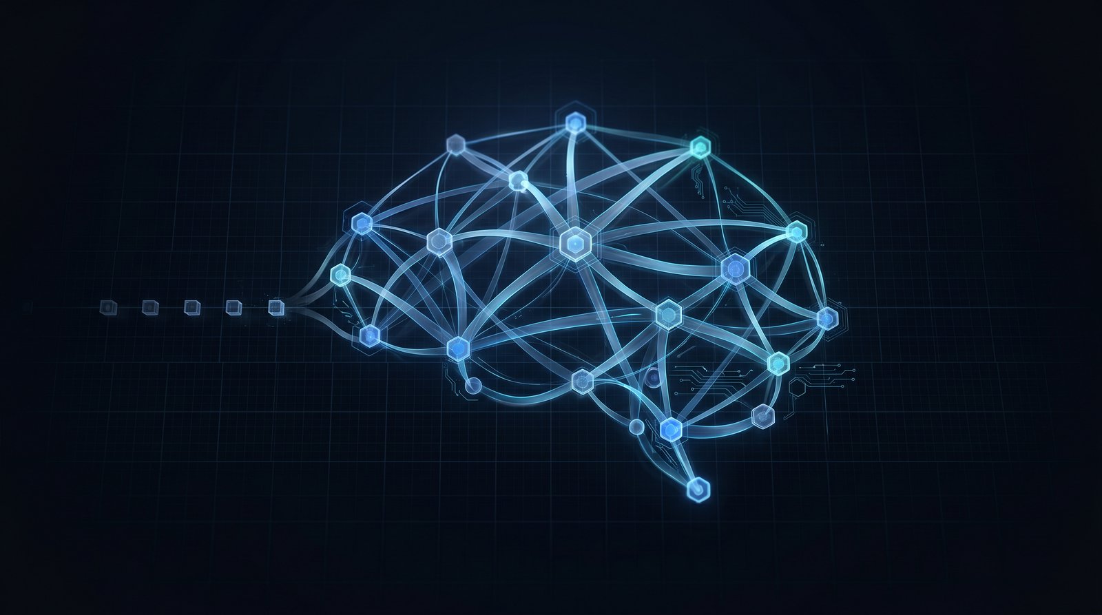 A glowing blue brain-shaped network of connected nodes with old isolated keyword cubes feeding into it, symbolising SEO as a connected system rather than just keywords